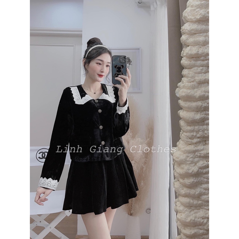 Set chân váy nhung ren cổ bèo tiểu thư đồ bộ nữ thu đông | BigBuy360 - bigbuy360.vn