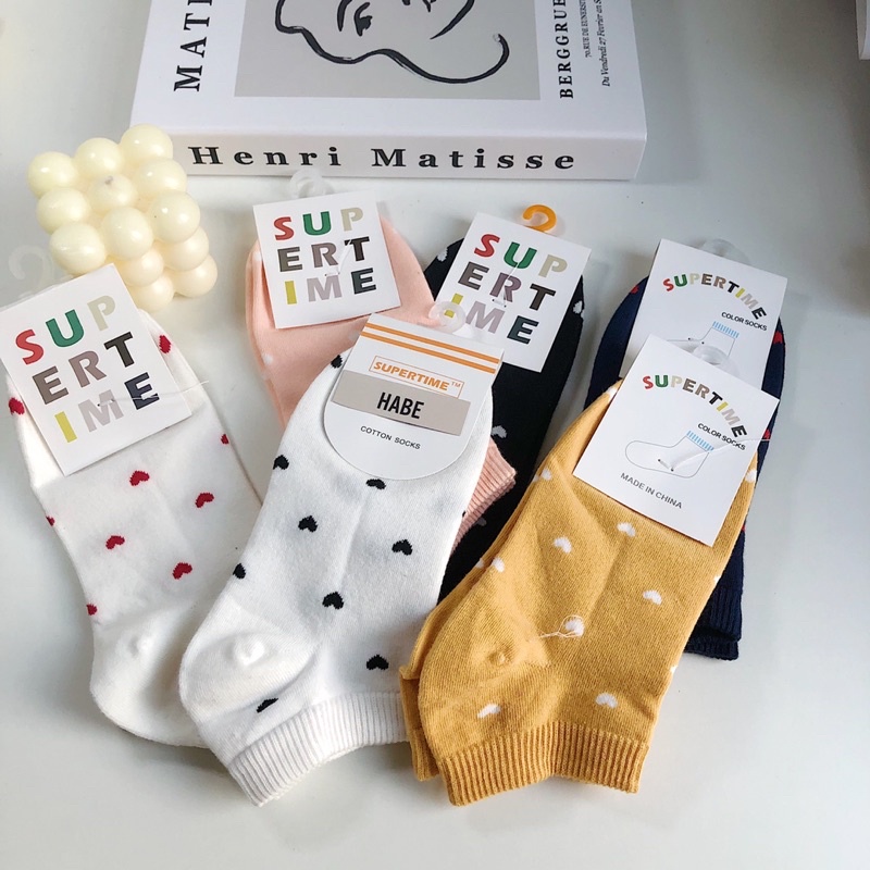 Tất vớ cổ ngắn đi giày chất cotton mềm mịn, tất nữ Hàn Quốc hoạ tiết trái tim HABE