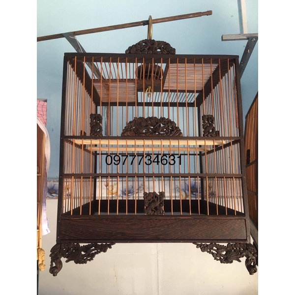 Khung Lồng chim chào mào tự ráp gỗ mun đuôi công đục CNC sắc nét