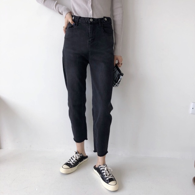 Quần jean dài nữ BigSize phom baggy tua lai lưng cao co dãn mạnh màu đen Cào xước nhẹ 4244