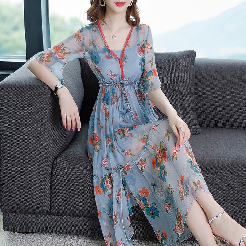 D73060 Đầm xòe nữ hè chiffon họa tiết kèm áo 2 dây mặc trong hàng nhập