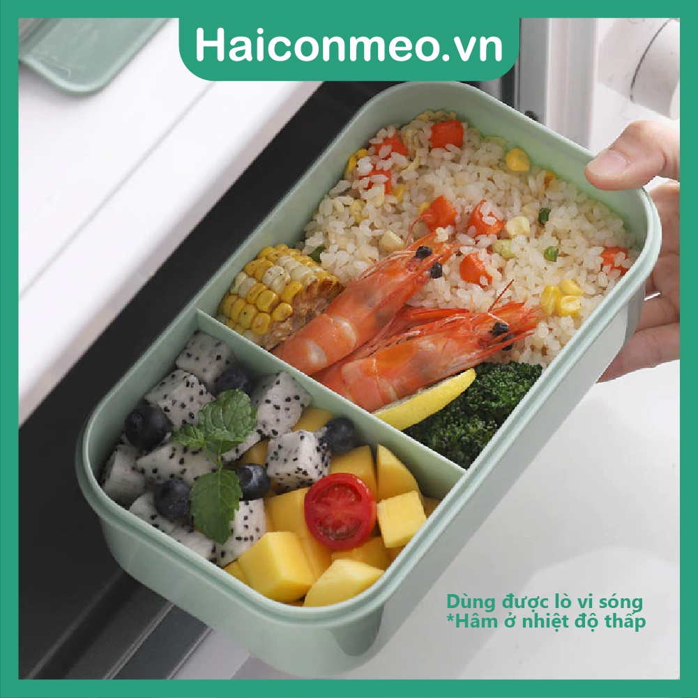 Hộp Cơm văn phòng LUNCH BOX Nhựa Dẻo PP Có 2 Ngăn Và Nắp Kèm Đũa Muỗng 1100ml