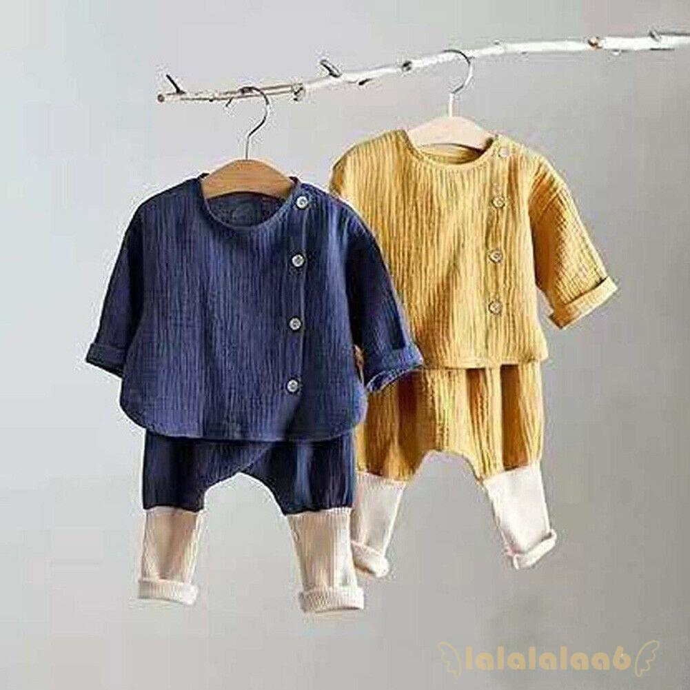 Set áo cotton lanh phối nút + quần dài cho bé