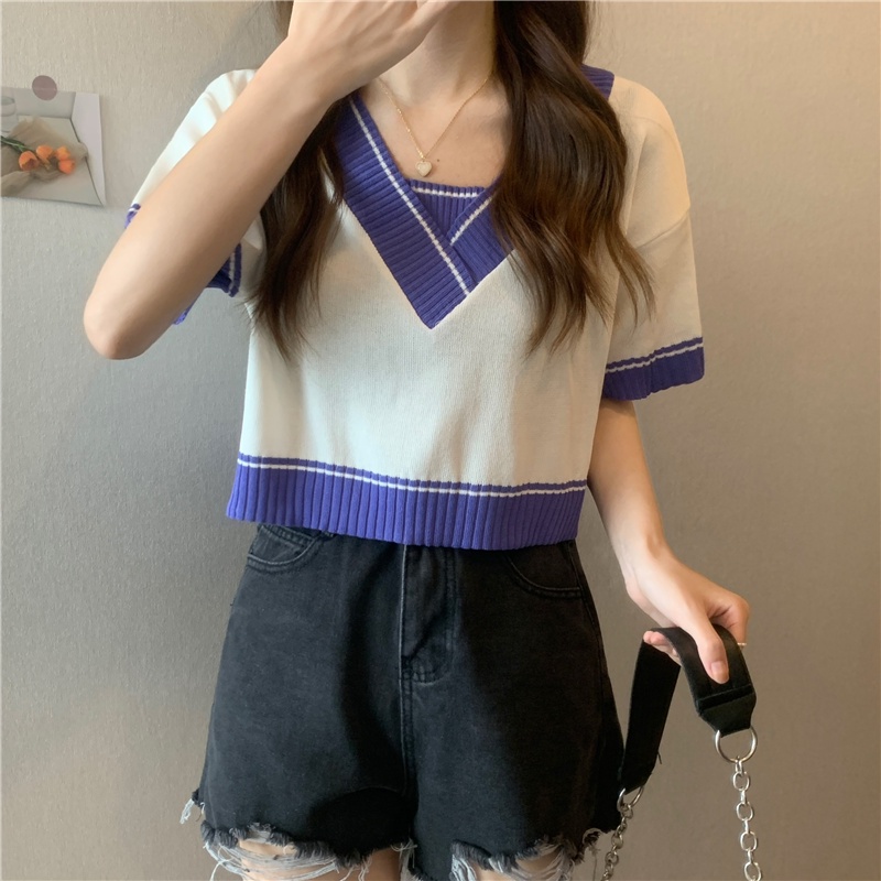 SUXI Áo Thun Dệt Kim Tay Ngắn Cổ Chữ V Dáng Rộng Màu Sắc Tương Phản Thời Trang Mùa Hè Dành Cho Nữ