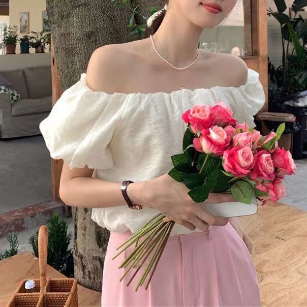 Áo Trễ Vai Tay Phồng Ngắn Dáng Ôm Thời Trang Mùa Hè Xinh Xắn Cho Nữ