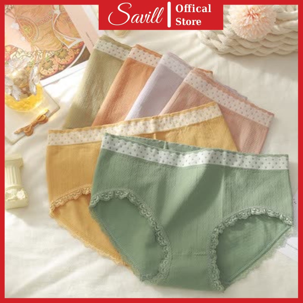 Quần lót nữ viền ren co dãn, Quần lót cotton lưng chấm bi thoáng mát SAVILL LQ13
