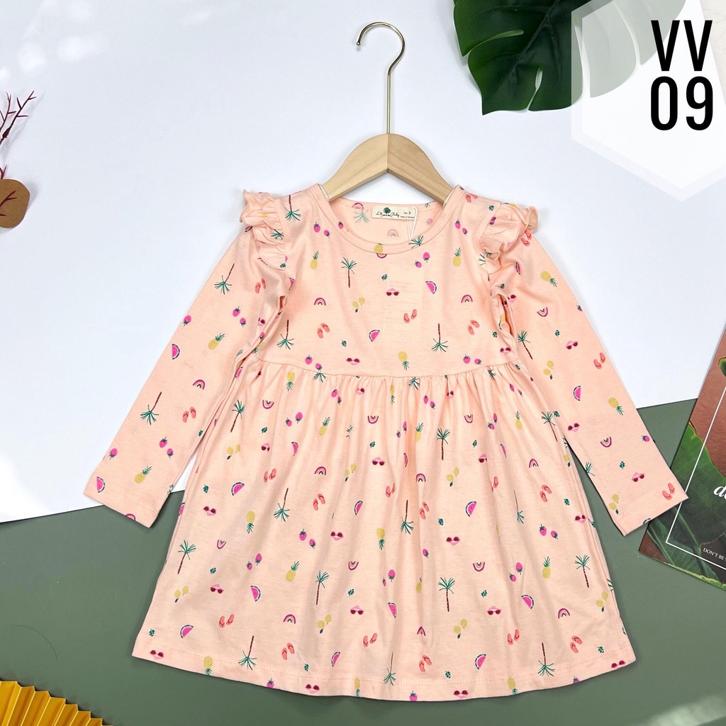 Váy bé gái dài tay LITIBABY, chất cotton, váy viền tay, size 3 - 12 tuổi