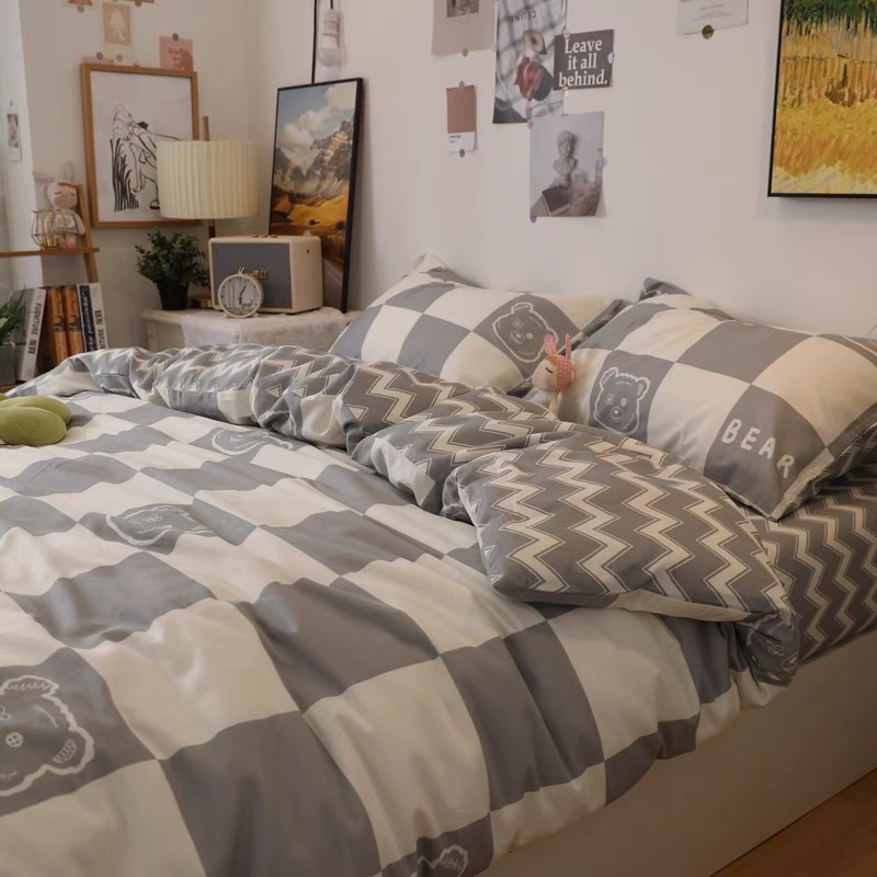 Set Bộ Vỏ Cotton Living Ô Vuông Gấu Xám_ shinbedding