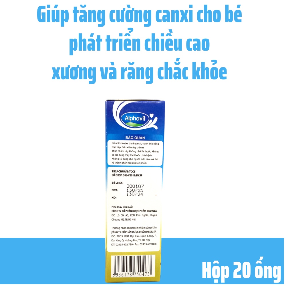 ALPHAVIT CALCIUM - SIRO BỔ SUNG CANXI CHO BÉ - NHANH MỌC RĂNG - PHÁT TRIỂN CHIỀU CAO - CHỐNG CÒI XƯƠNG HỘP 20 ỐNG NHỰA B