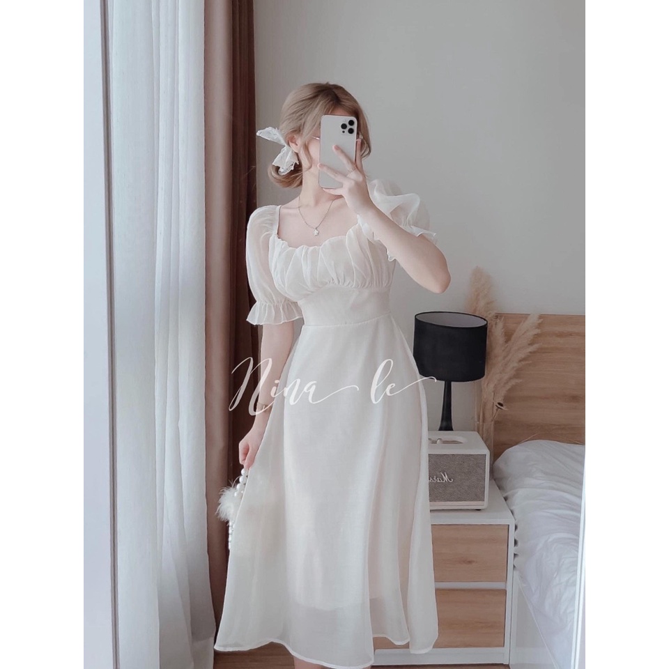 Váy trắng tiểu thư tay bồng dáng dài, Váy trắng dự tiệc chụp hình kỷ yếu bao xinh hàng cao cấp