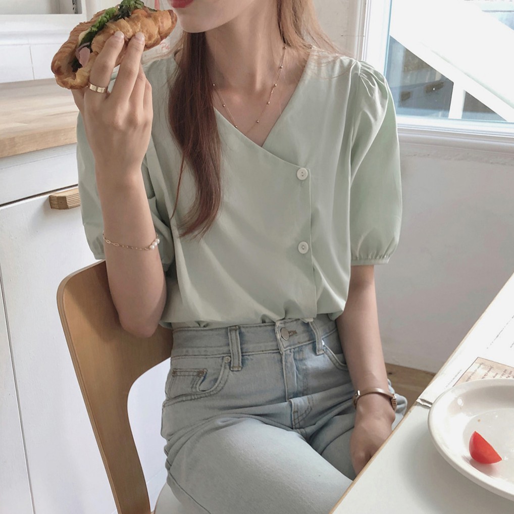 Áo Sơ Mi Tay Ngắn Cổ Chữ V Màu Trơn Dễ Thương Dành Cho Bạn Nữ 34772