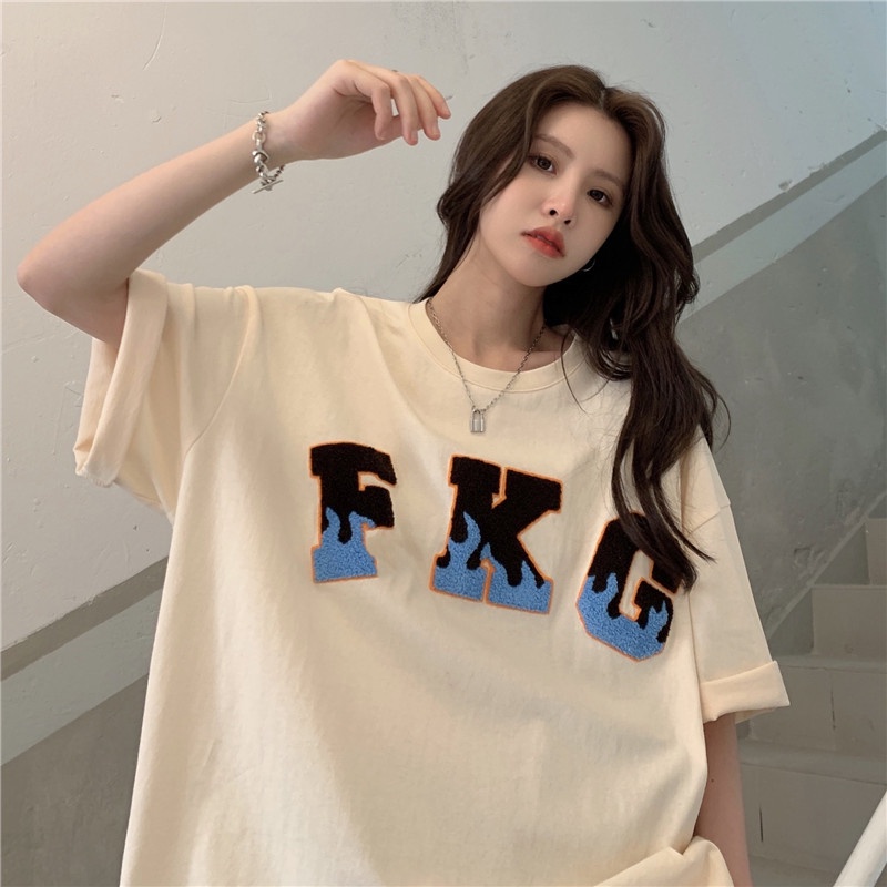 Áo Thun Tay Ngắn Dáng Rộng Thêu Chữ Thời Trang Đường Phố Cho Nữ