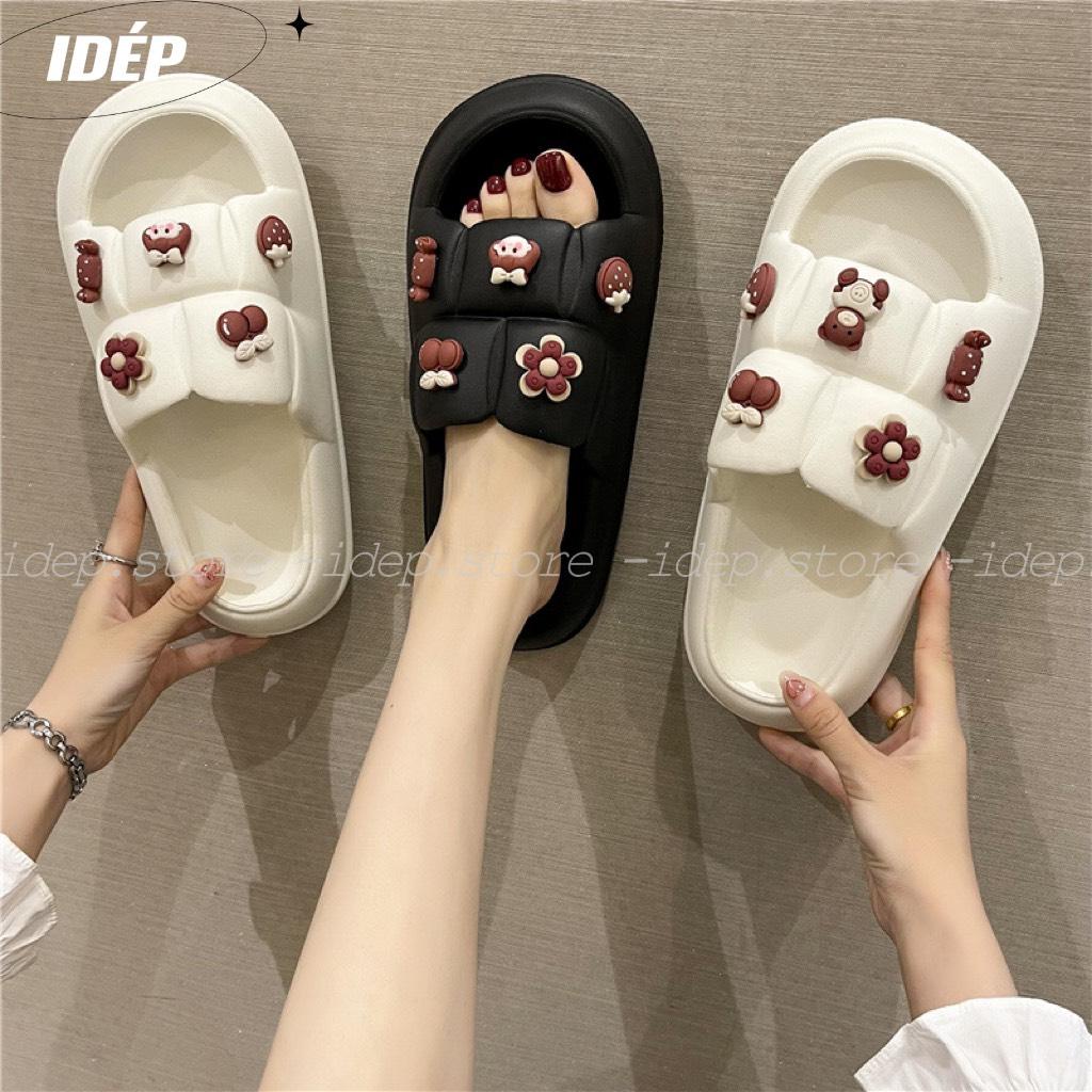 Dép bánh mì Chao sticker GẤU HOA NÂU nữ quai ngang EVA siêu nhẹ đi trong nhà văn phòng iDÉP- DL284