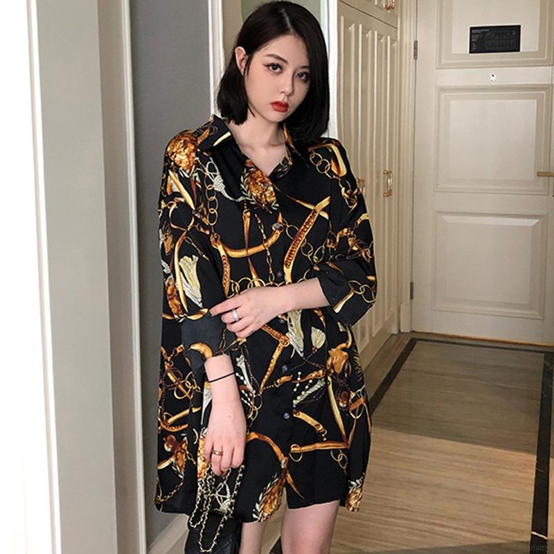 Áo Sơ Mi Nữ Dáng Rộng Tay Dài Họa Tiết Cổ Điển Phong Cách Hàn Quốc