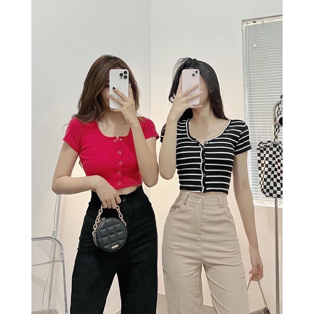 ÁO CROPTOP NÚT BẤM TAY NGẮN