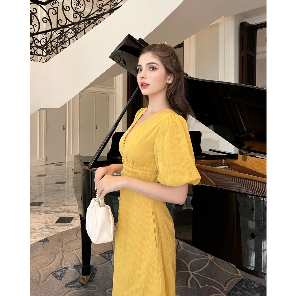 Đầm thiết kế STELLA - YELLOW form midi tay phồng cúc bọc cổ V xẻ tà sang trọng nữ tính | 𝐉𝐔𝐋𝐈𝐄