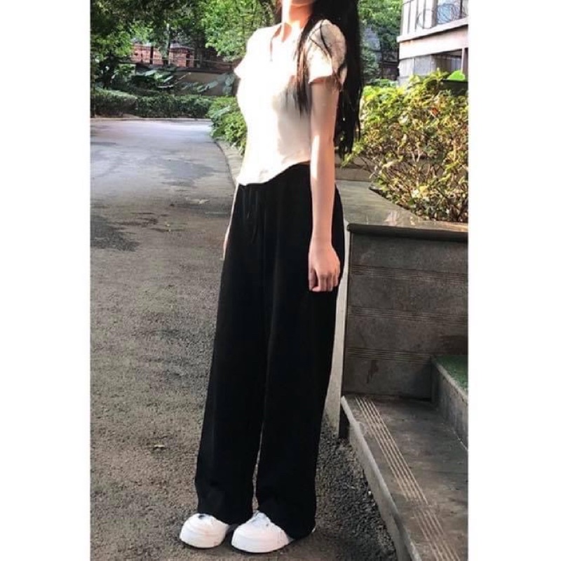 Set áo thun kiểu vạt bầu trắng basic cổ tròn ôm sát body và Quần jogger nữ dài ống suông rộng đen thun - Order taobao