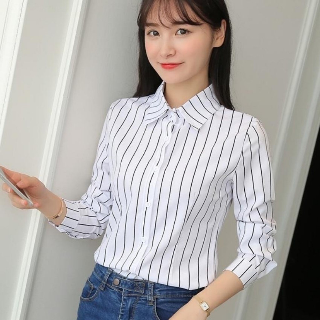 Áo Sơ Mi Nữ Dài Tay Kẻ Sọc Phối Cổ Trắng EMEREY LUXURY Chất Vải Kate Đẹp Thời Trang Nữ Cao Cấp