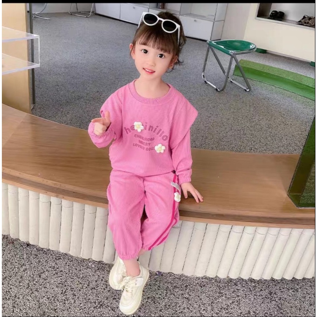 Bộ thu đông bé gái, bộ dài tay bé gái chất tổ ong loại 1 hoa len điểm nhấn cho bé