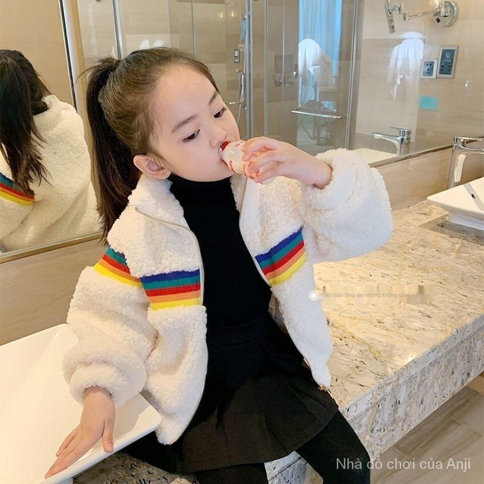 Winter children's woolen silk velvet jacket thick rainbow stripes