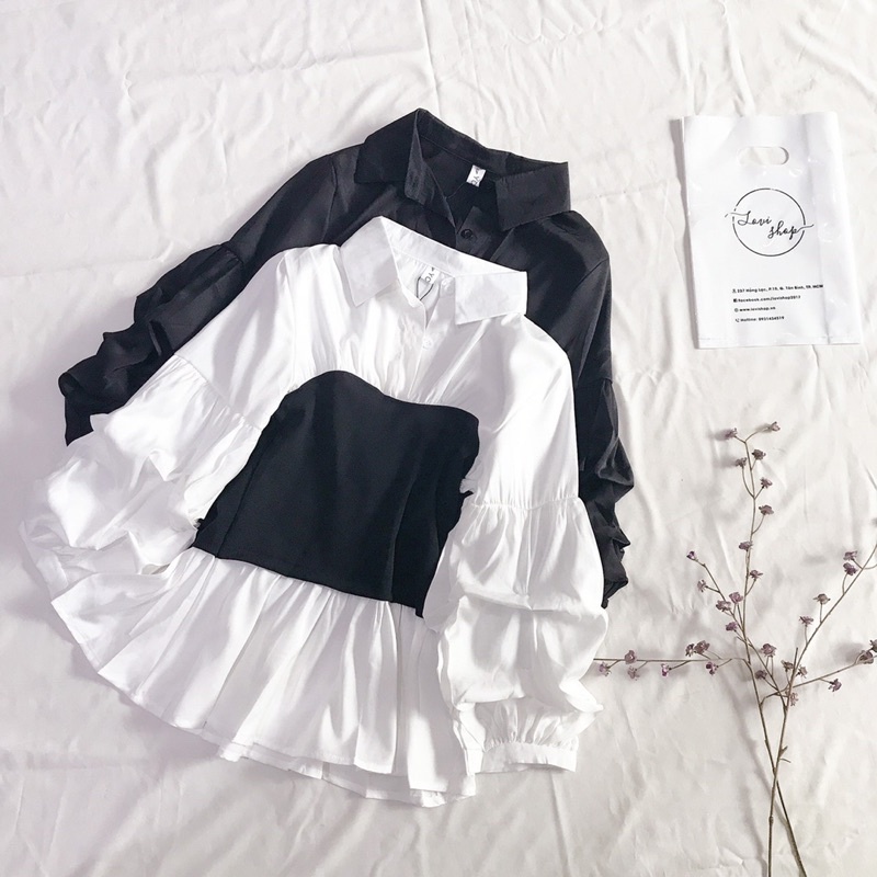 Áo sơ mi phối màu đen trắng Áo kiểu tay loe cổ somi