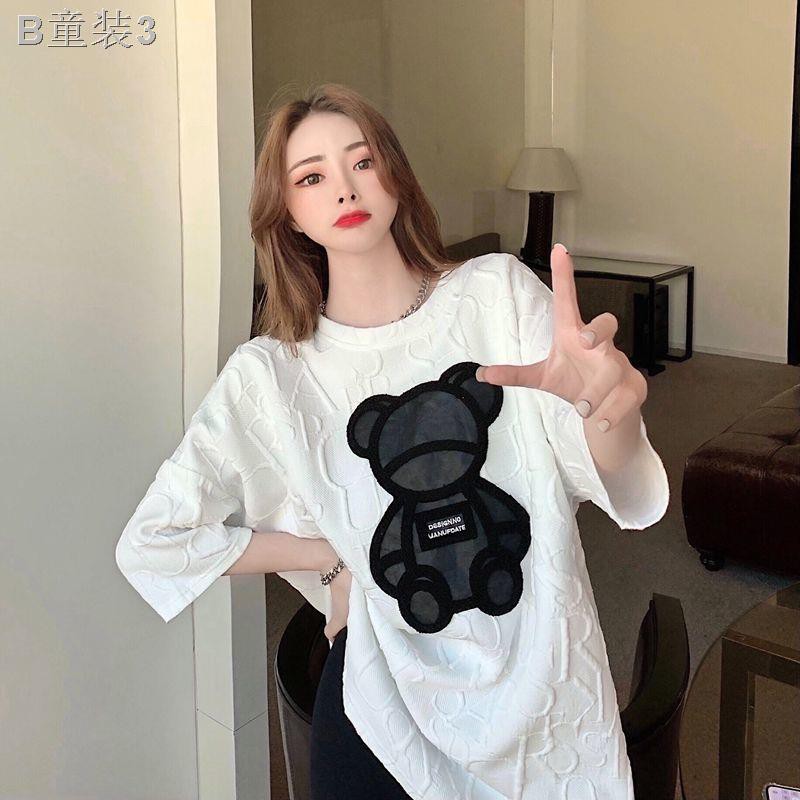 2020 autumn and winter Korean version of loose bear sanding thick all-match T-shirt women s western style retro letter