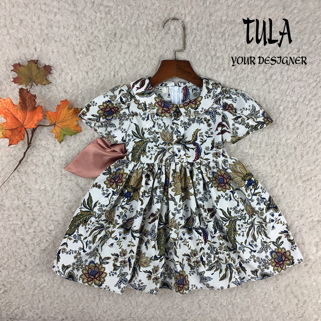 Váy Đầm Cho Bé Gái Họa Tiết Hoa Phối Nơ Bóng Nổi Bật Vải Lụa Hoa Hàn Quốc