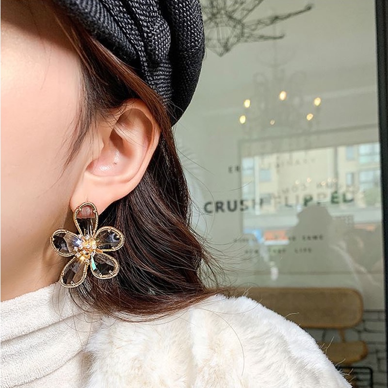 Khuyên tai Pinkdudu PD510 hợp kim hình hoa đính đá pha lê thời trang thanh lịch cho nữ