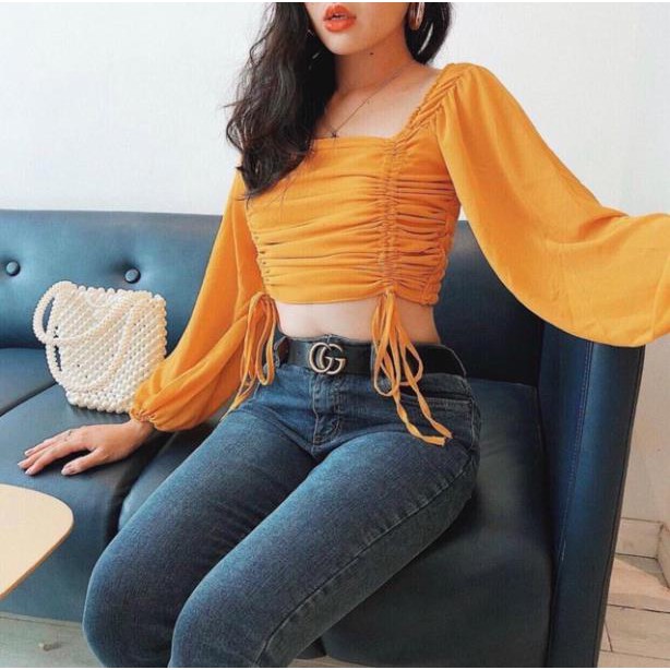 Áo Trễ Vai Rút Dây Tay Bồng Dài Cổ Vuông Bẹt Vai Croptop Kiểu Voan Kate Hở Vai Nữ Siêu Hot DRACR07 | BigBuy360 - bigbuy360.vn