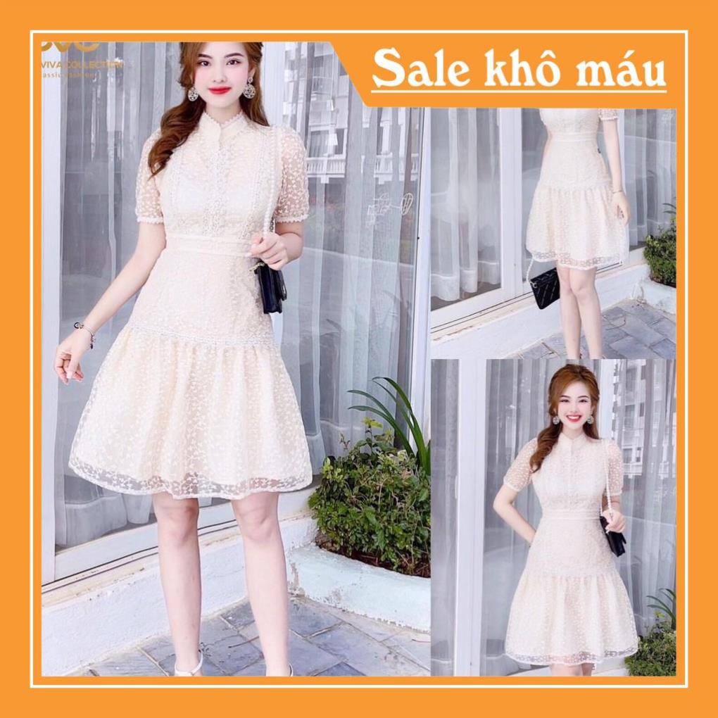 Váy ren dáng xòe đuôi cá cổ tàu đính ngọc V1879  - Váy ren đuôi cá cổ tàu đính ngọc ❤️NMC SHOP❤️