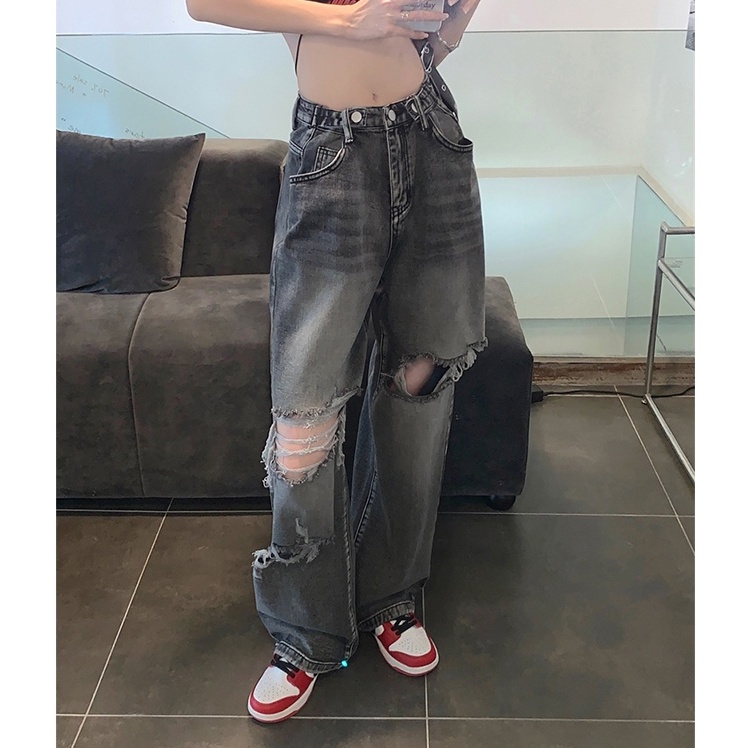 Quần jean nữ unisex ống rộng lưng cao, quần bò nữ unisex rách phong cách hip hop cá tính 9913