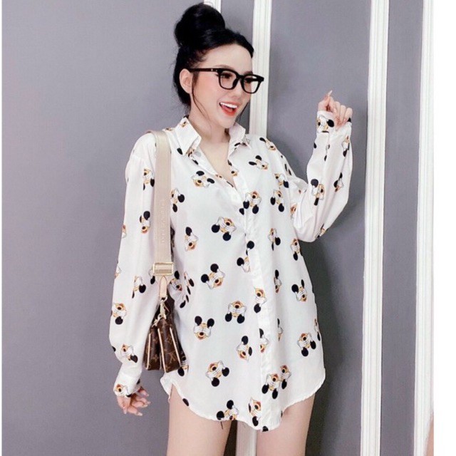 Áo sơ mi dáng dài giả đầm mickey xinh xắn HÌNH THẬT 100%