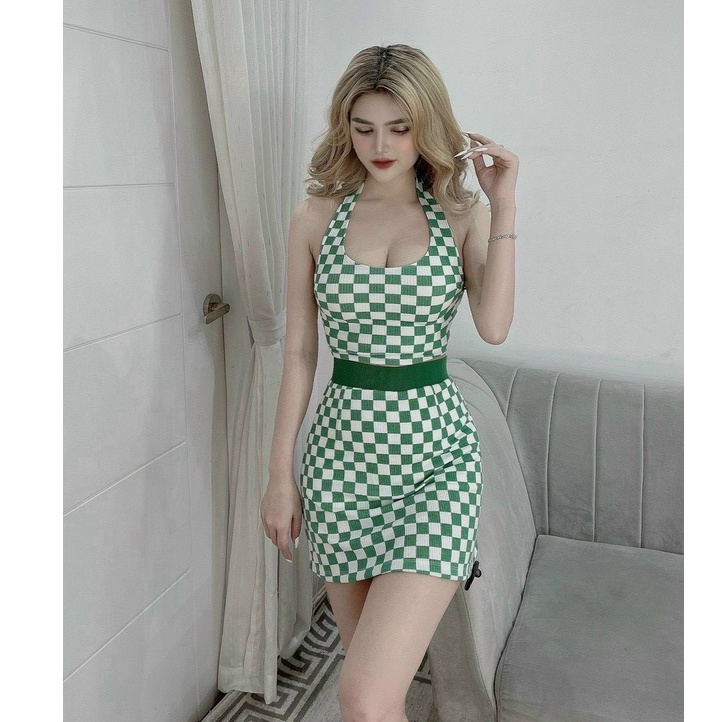 Sét yếm caro crotop phối chân váy ngắn ôm body cực hot , chất thun gân dày dặn mk