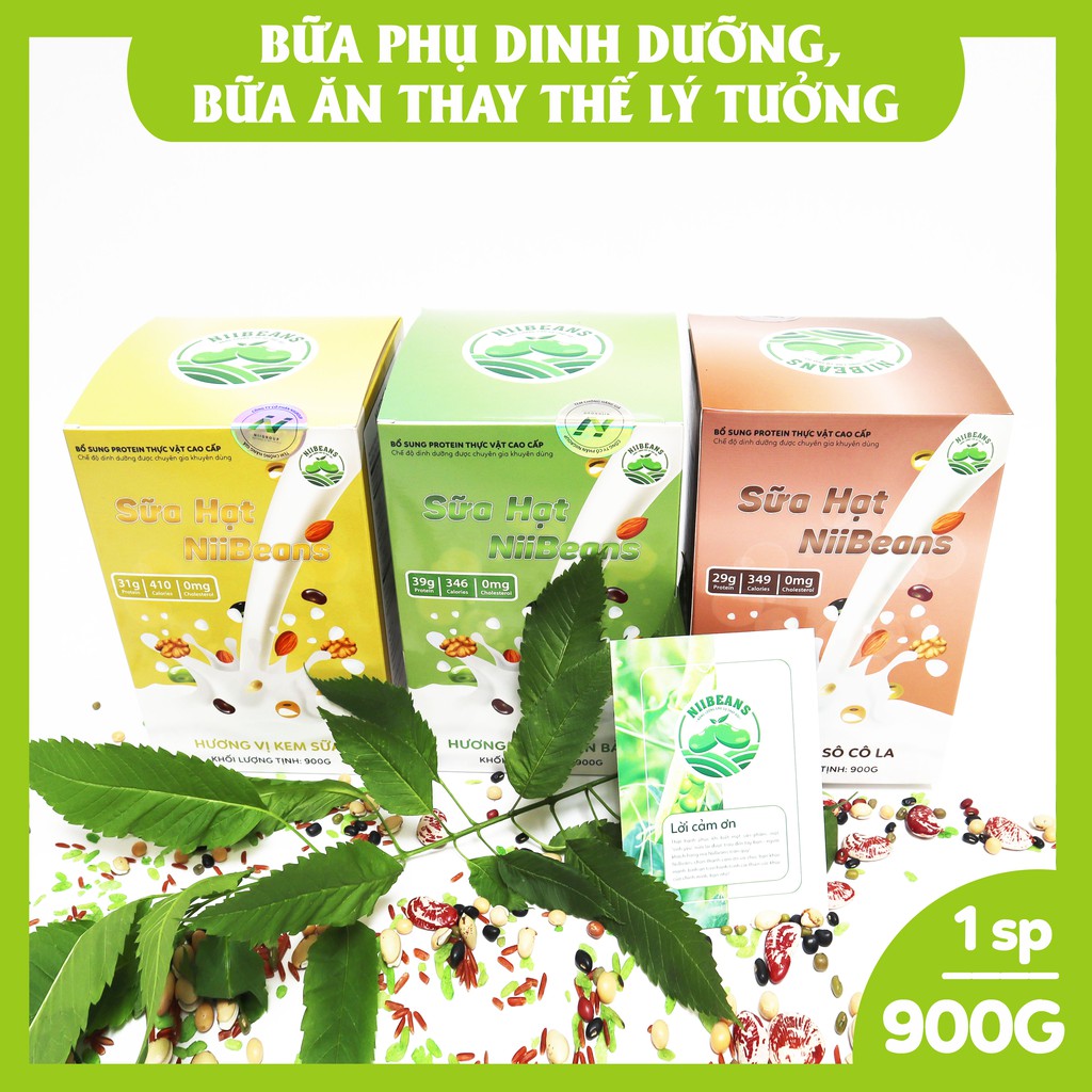 Combo 2 hũ Sữa hạt Niibeans Tăng cân Hương vị Nguyên bản/ Kem sữa/ Chocolate (900G/1hũ)