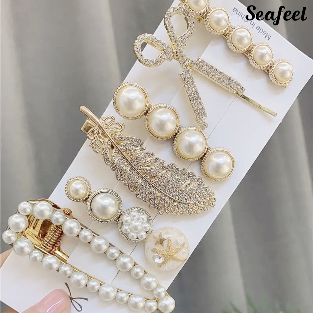 Bộ 6 Kẹp Tóc Hình Lông Vũ Đính Ngọc Trai Giả Sang Trọng