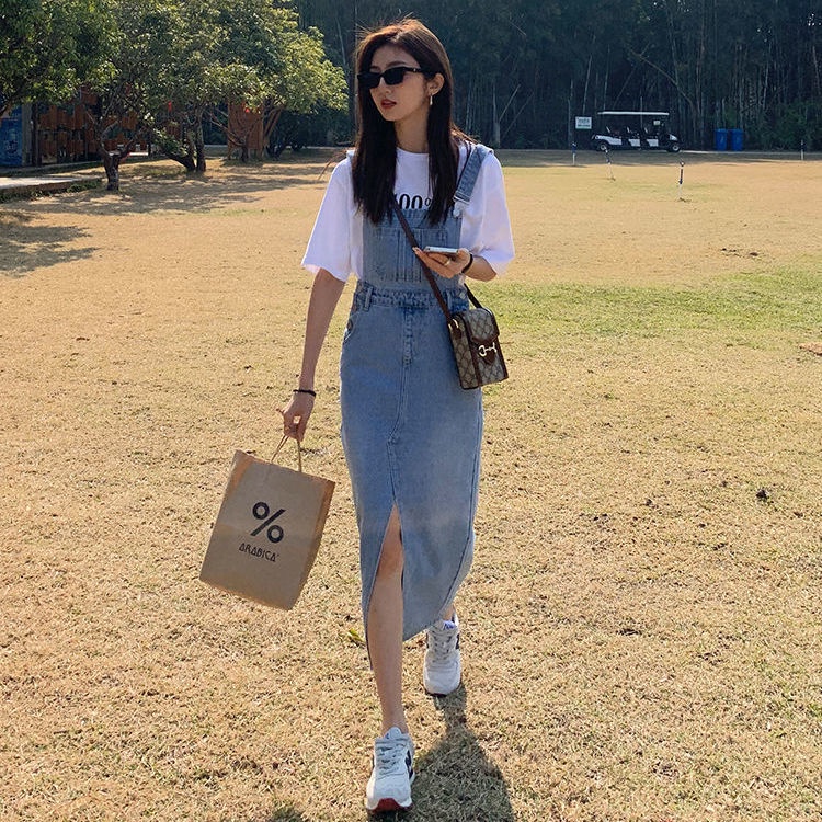 Đầm Yếm Denim Dáng Dài Xẻ Tà Thời Trang Hàn Quốc Hàng Mới Mùa Hè 2022