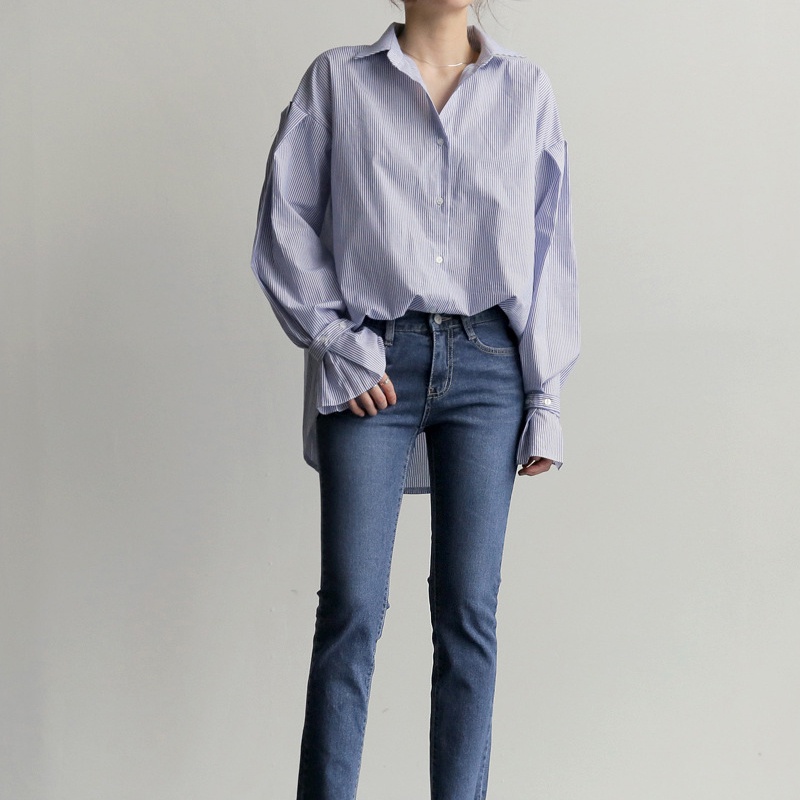 Áo sơ mi FONKEN tay phồng kẻ sọc phong cách Hàn Quốc cho nữ