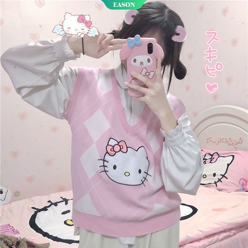 Áo Len Cổ Chữ V Không Tay Dáng Rộng In Hình Hello Kitty Phong Cách Kawaii Thời Trang Thu Đông Cho Nữ Sinh 2021
