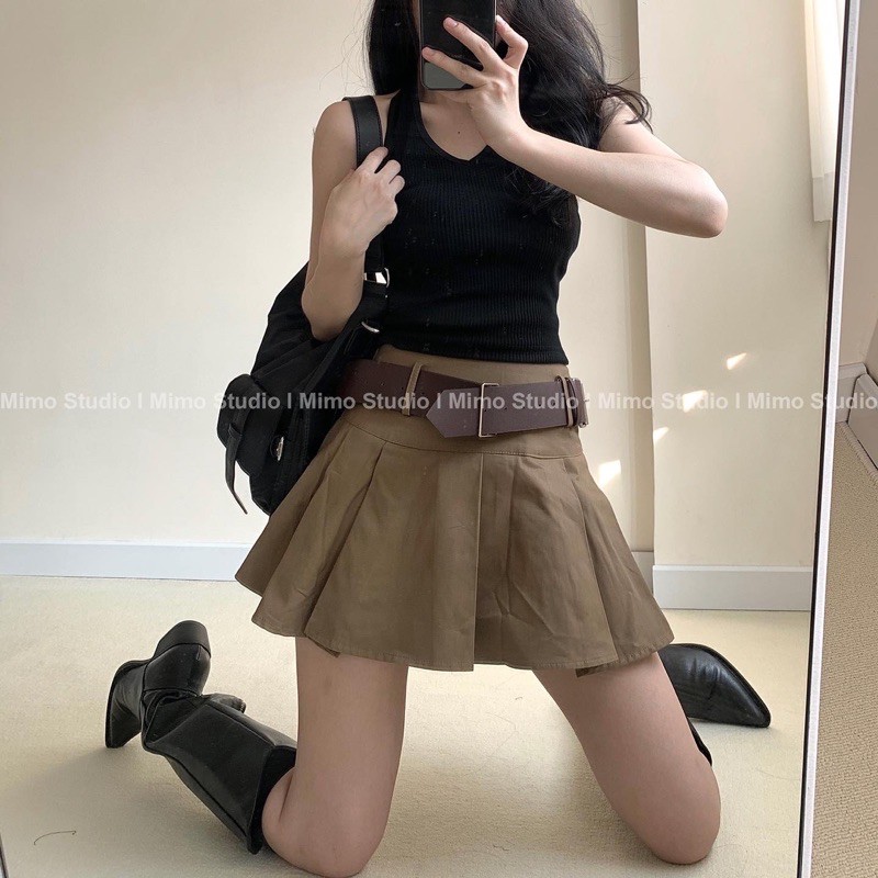 Váy kaki nâu kèm belt - blazer hồng oversize