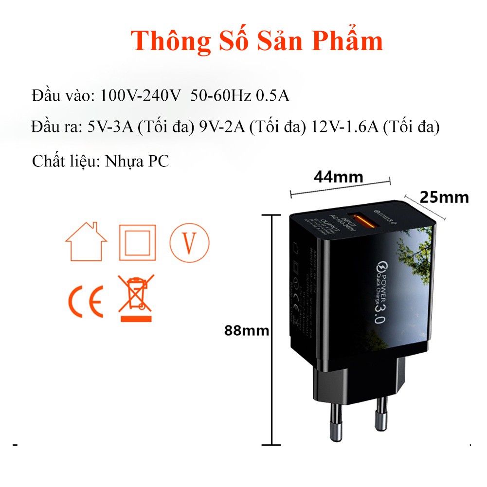 Củ sạc nhanh cho iphone ipad xiaomi samsung oppo chính hãng 3A\24w quick charge 3.0 chống cháy nổ bảo hành 6 tháng QT