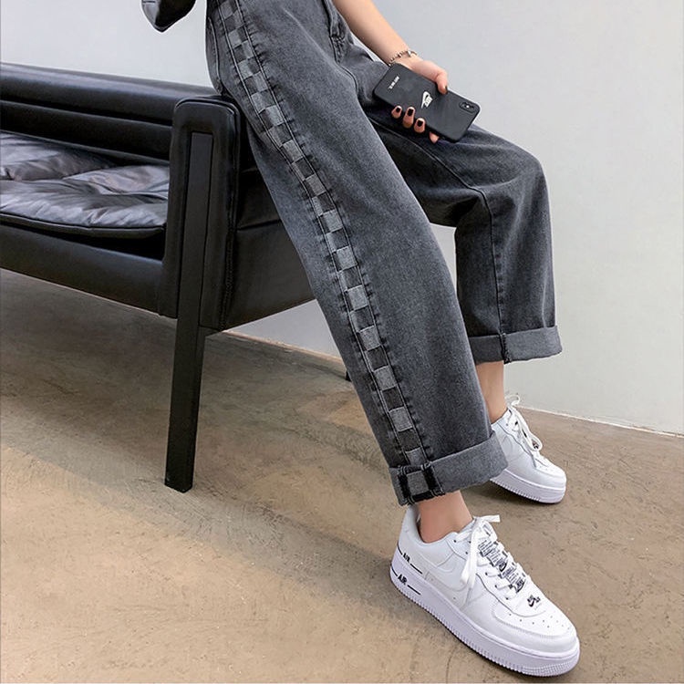 COZOK Quần Jean Ống Rộng Lưng Cao Họa Tiết Sọc Caro Năng Động Thời Trang