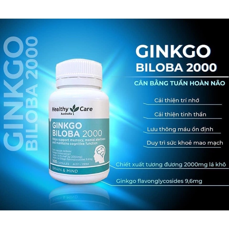 Viên Uống Bổ Trí Não Ginkgo BiloBa healthy Care Úc ( Hủ 100viên )