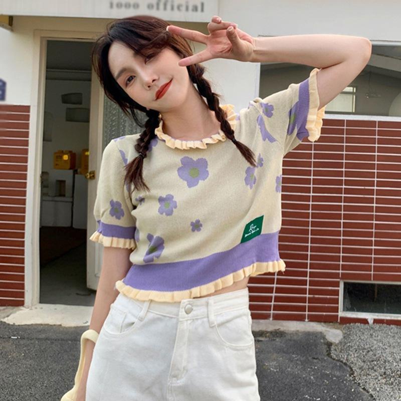 Áo Croptop dệt kim tay ngắn cổ tròn hở rốn phong cách Retro Hàn Quốc cho nữ