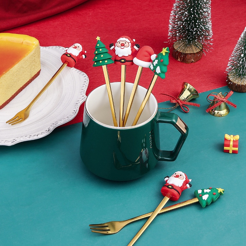 Bộ 2 Muỗng Nĩa Hình Ông Già Noel &amp; Ngôi Sao &amp; Nón Giáng Sinh &amp; Năm Mới