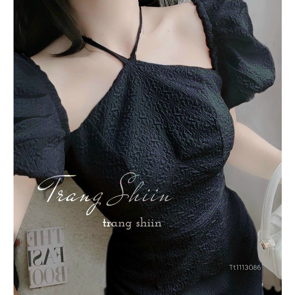 Đầm tiểu thư tay phồng Tibu, Váy Nữ hở vai phối cổ yếm dễ thương hai màu đen trắng thích hợp dự tiệc đi chơi