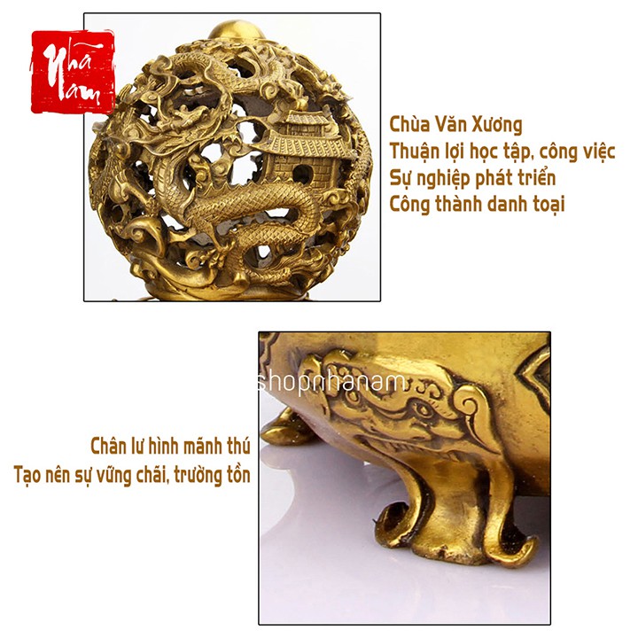 Lư hương đồng vàng cao cấp họa tiết rồng thắp trầm hương