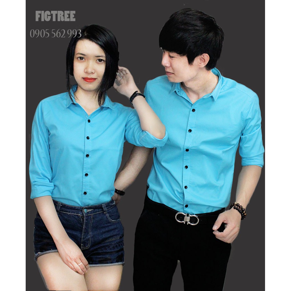 Áo Sơ Mi Cặp Thương Hiệu FIGTREE Màu Xanh Ngọc Tươi Tắn