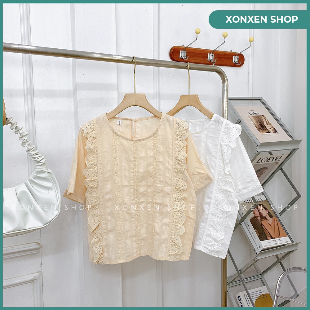 Áo kiểu nữ ÁO kiểu phối đường ren ÁO CROPTOP XONXEN SHOP HUẾ freesize mã 3365