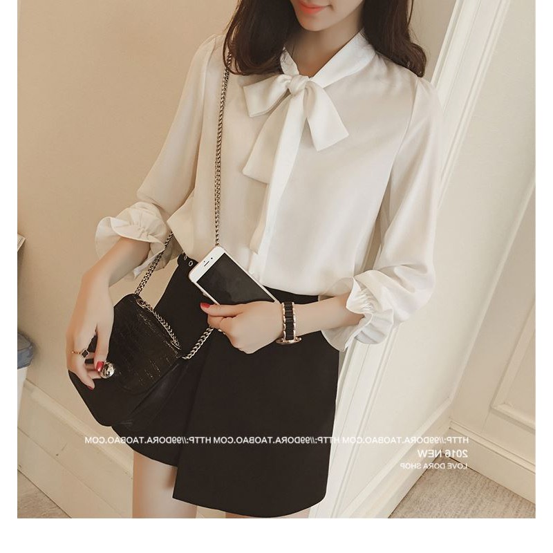 Áo Blouse nữ tay dài cổ thắt nơ phong cách Hàn Quốc