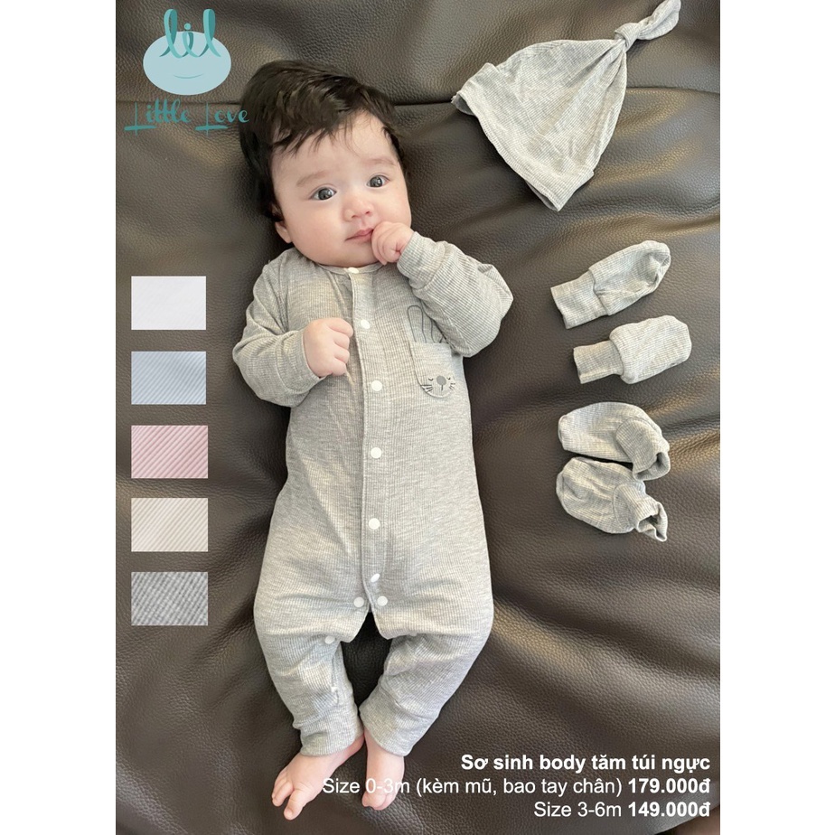 Body sơ sinh cài thẳng vải thun tăm co giãn 4 chiều Little Love (0-3m tặng kèm phụ kiện)
